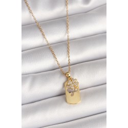 316L Çelik Gold Renk Zincir Zirkon Taşlı Yonca Model Kadın Kolye