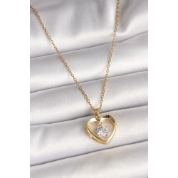 316L Çelik Gold Renk Zincir Zirkon Taşlı Kalp Model Kadın Kolye