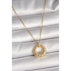 316L Çelik Gold Renk Zincir Zirkon Taş İşlemeli Daire Model Kadın Kolye