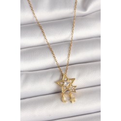 316L Çelik Gold Renk Zincir Zirkon Taşlı Yıldız Model Sallanı Ay Yıldız Detay Kadın Kolye