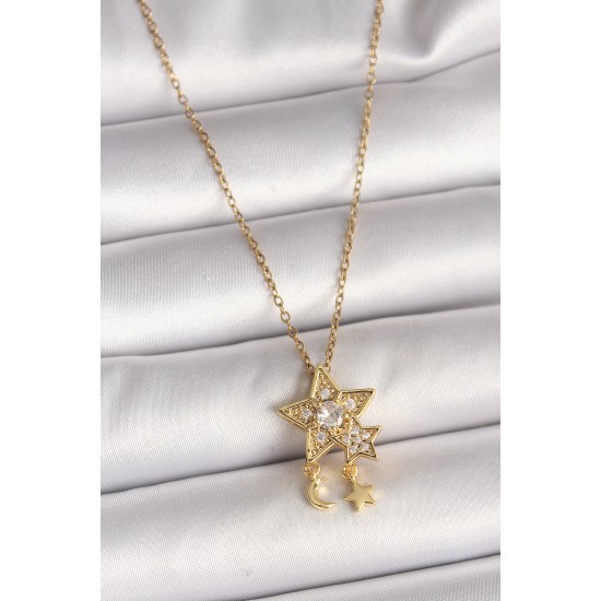 316L Çelik Gold Renk Zincir Zirkon Taşlı Yıldız Model Sallanı Ay Yıldız Detay Kadın Kolye 316L Çelik Gold Renk Zincir Zirkon Taşlı Yıldız Model Sallanı Ay Yıldız Detay Kadın Kolye