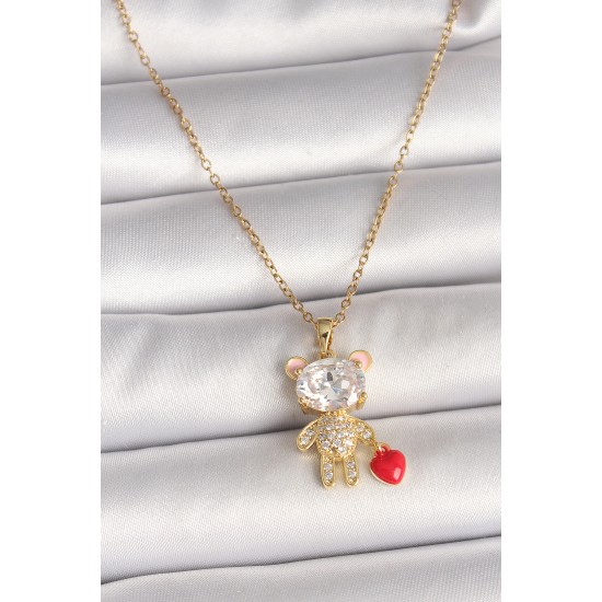 316L Çelik Gold Renk Zincir Zirkon Taşlı Ayıcık Model Kırmızı Kalp Detay Kadın Kolye 316L Çelik Gold Renk Zincir Zirkon Taşlı Ayıcık Model Kırmızı Kalp Detay Kadın Kolye