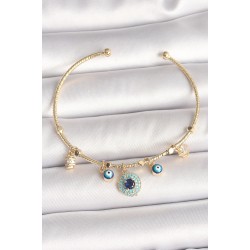 Pirinç Gold Renk Zirkon Taşlı Nazar Boncuk Detay Charm Kadın Bileklik