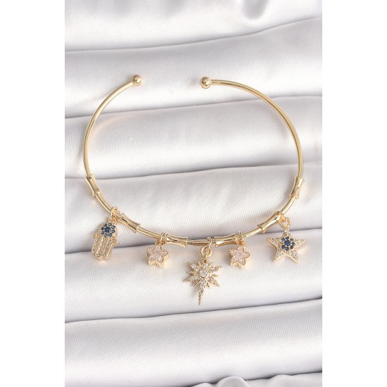 Pirinç Gold Renk Sallantı Zirkon Taşlı Kutup Yıldız Model Charm Model Kadın Bileklik Pirinç Gold Renk Sallantı Zirkon Taşlı Kutup Yıldız Model Charm Model Kadın Bileklik