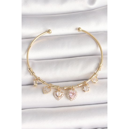 Pirinç Gold Renk Sallantı Pembe Zirkon Taşlı Kalp Figür Charm Kadın Bileklik Pirinç Gold Renk Sallantı Pembe Zirkon Taşlı Kalp Figür Charm Kadın Bileklik