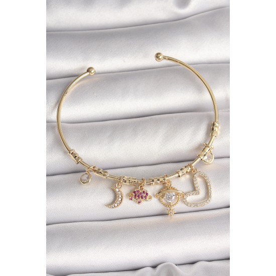 Pirinç Gold Renk Zirkon Taşlı Sallantı Gezegen Model Yıldız Detay Charm Kadın Bileklik Pirinç Gold Renk Zirkon Taşlı Sallantı Gezegen Model Yıldız Detay Charm Kadın Bileklik