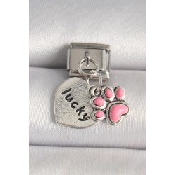 316L Çelik Gümüş Renk Pembe Pati 'lucky' İşlemeli Kalp Model Nomination Charm