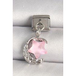 316L Çelik Gümüş Renk Hilal Pembe Mineli Yıldız Model Nomination Charm