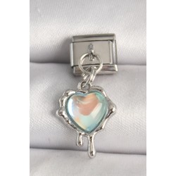 316L Çelik Gümüş Renk Mavi Hologram Mineli Eriyen Kalp Model Nomination Charm