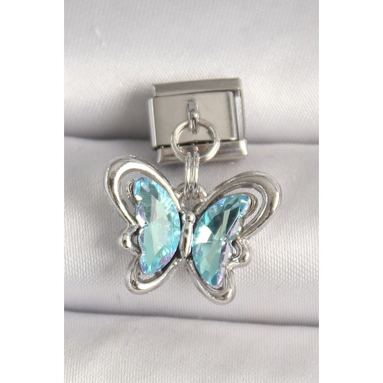316L Çelik Gümüş Renk Turkuaz Zirkon Taşlı Kelebek Model Nomination Charm 316L Çelik Gümüş Renk Turkuaz Zirkon Taşlı Kelebek Model Nomination Charm