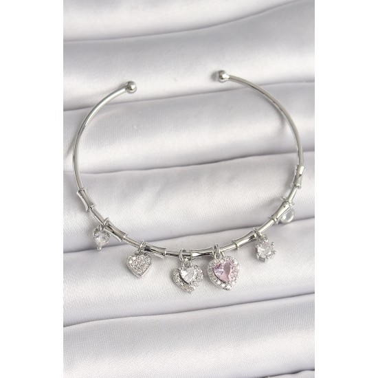 Pirinç Gümüş Renk Sallantı Pembe Zirkon Taşlı Kalp Model Charm Kadın Bileklik Pirinç Gümüş Renk Sallantı Pembe Zirkon Taşlı Kalp Model Charm Kadın Bileklik