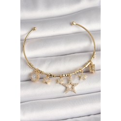 Pirinç Gold Renk Sallantı Zirkon Taşlı Yıldız Model Kalp Detay Charm Kadın Bileklik