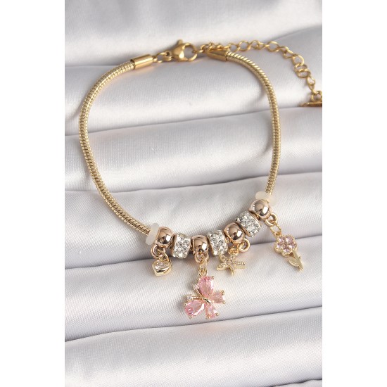 Pirinç Gold Renk Sallantı Pembe Zirkon Taşlı Kelebek Figür Çiçek Detay Charm Kadın Bileklik Pirinç Gold Renk Sallantı Pembe Zirkon Taşlı Kelebek Figür Çiçek Detay Charm Kadın Bileklik
