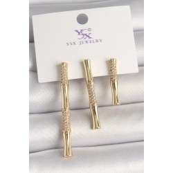 Pirinç Gold Renk Zirkon Taşlı Bambu Model 3'Lü Kadın Kombin Küpe