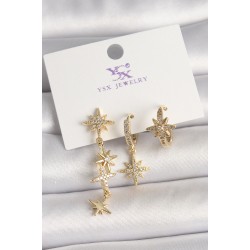 Pirinç Gold Renk Sallantı Zirkon Taşlı Zirkon Taşlı Kutup Yıldız Model 3'Lü Kadın Kombin Küpe