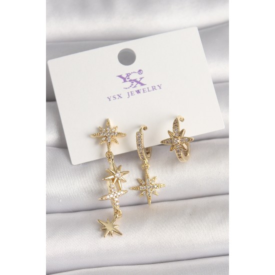 Pirinç Gold Renk Sallantı Zirkon Taşlı Zirkon Taşlı Kutup Yıldız Model 3'Lü Kadın Kombin Küpe Pirinç Gold Renk Sallantı Zirkon Taşlı Zirkon Taşlı Kutup Yıldız Model 3'Lü Kadın Kombin Küpe