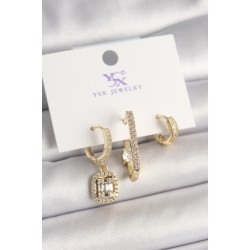 Pirinç Gold Renk Zirkon Taşlı Baget Halka Model 3'Lü Kadın Kombin Küpe