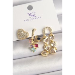 Pirinç Gold Renk Sallantı Zirkon Taşlı Kalp Model 3'Lü Kadın Kombin Küpe