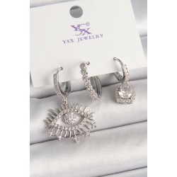 Pirinç Gümüş Renk Sallantı Zirkon Taşlı Göz Model 3'Lü Kadın Kombin Küpe