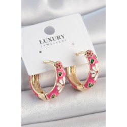 Pirinç Gold Renk Halka Model Pembe Çiçek İşlemeli Kadın Küpe