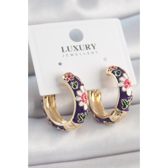 Pirinç Gold Renk Halka Model Mor Çiçek Mineli Kadın Küpe Pirinç Gold Renk Halka Model Mor Çiçek Mineli Kadın Küpe