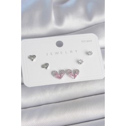 Pirinç Gümüş Renk Pembe Zirkon Taşlı Kalp Model 925 Ayar Gümüş Çivi Kadın Küpe Seti