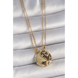 316L Çelik Gold Renk Zincir Zirkon Taşlı Ying Yang Model Gün Batımı İşlemeli Arkadaşlık Kadın Kolye