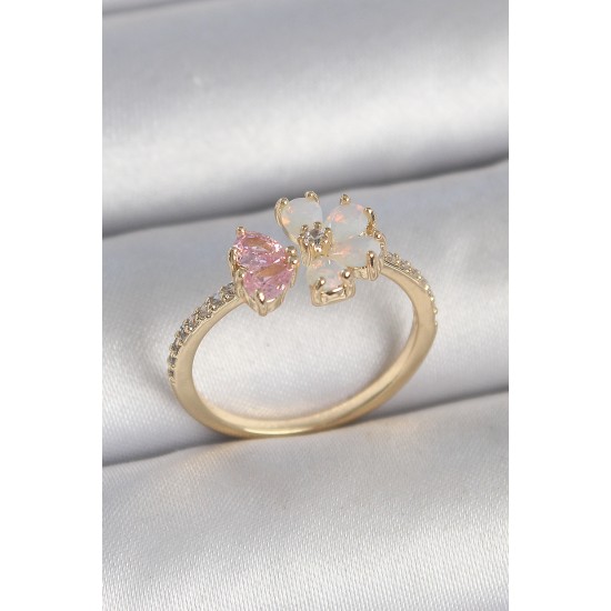 Pirinç Gold Renk Beyaz Mineli Pembe Zirkon Taşlı Çiçek Model Kadın Yüzük Pirinç Gold Renk Beyaz Mineli Pembe Zirkon Taşlı Çiçek Model Kadın Yüzük