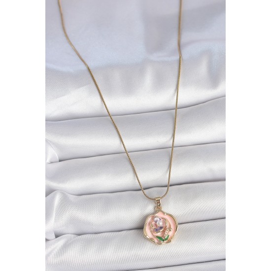 316L Çelik Gold Renk Zincir Pembe Renkli Çiçek İşlemeli İnci Detay Portre Model Kadın Kolye 316L Çelik Gold Renk Zincir Pembe Renkli Çiçek İşlemeli İnci Detay Portre Model Kadın Kolye