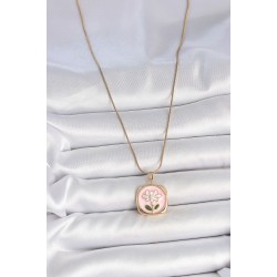 316L Çelik Gold Renk Zincir Pembe Papatya İşlemeli İnci Detay Kadın Kolye
