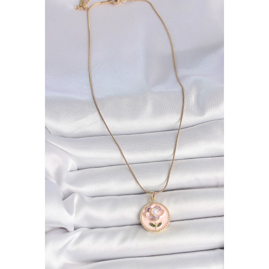 316L Çelik Gold Renk Zincir Pembe Çiçek İşlemeli İnci Detay Portre Model Kadın Kolye 316L Çelik Gold Renk Zincir Pembe Çiçek İşlemeli İnci Detay Portre Model Kadın Kolye
