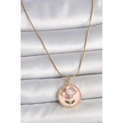 316L Çelik Gold Renk Zincir Pembe Çiçek İşlemeli İnci Detay Portre Model Kadın Kolye