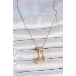 316L Çelik Gold Renk Sallantı Zirkon Taşlı Mor Taşlı Ayıcık Figür Charm Kadın Kolye