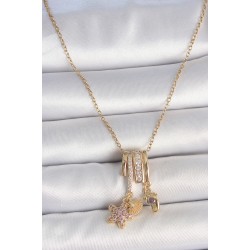 316L Çelik Gold Renk Sallantı Zirkon Taşlı Mor Taşlı Ayıcık Figür Charm Kadın Kolye