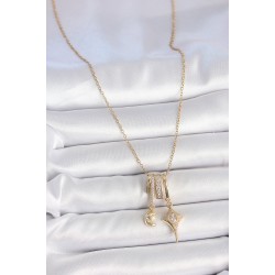 316L Çelik Gold Renk Zirkon Taşlı Sallantı Ay Yıldız Figür Charm Kadın Kolye