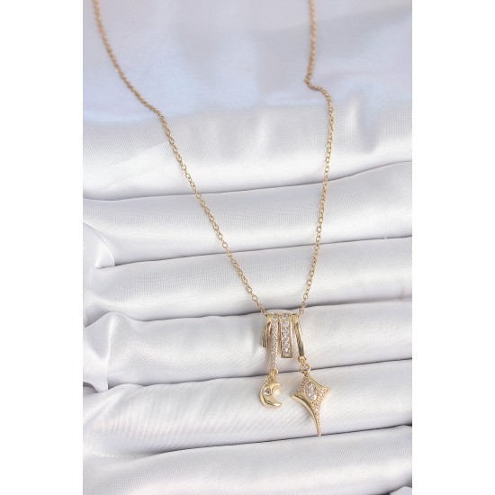 316L Çelik Gold Renk Zirkon Taşlı Sallantı Ay Yıldız Figür Charm Kadın Kolye 316L Çelik Gold Renk Zirkon Taşlı Sallantı Ay Yıldız Figür Charm Kadın Kolye