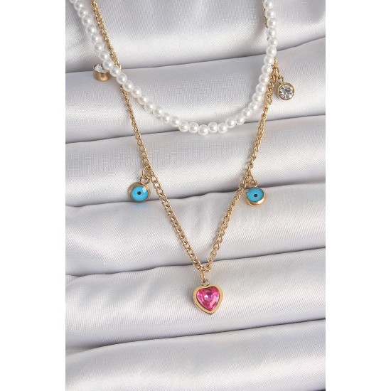 316L Çelik Gold Renk 2'Li İnci Zincir Model Pembe Taşlı Kalp Figür Nazar Boncuk Detay Kadın Kolye 316L Çelik Gold Renk 2'Li İnci Zincir Model Pembe Taşlı Kalp Figür Nazar Boncuk Detay Kadın Kolye