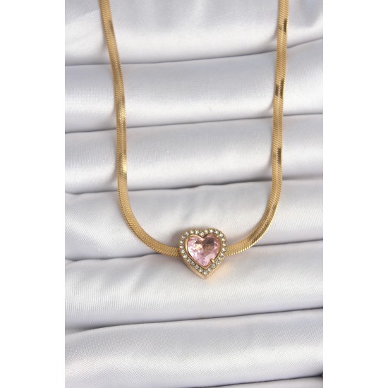316L Çelik Gold Renk İtalyan Zincir Pembe Zirkon Taşlı Kalp Model Kadın Kolye 316L Çelik Gold Renk İtalyan Zincir Pembe Zirkon Taşlı Kalp Model Kadın Kolye
