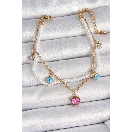 316L Çelik Gold Renk 2'Li İncili Zincir Sallantı Pembe Kalp Model Nazar Boncuk Detay Kadın Bileklik 316L Çelik Gold Renk 2'Li İncili Zincir Sallantı Pembe Kalp Model Nazar Boncuk Detay Kadın Bileklik
