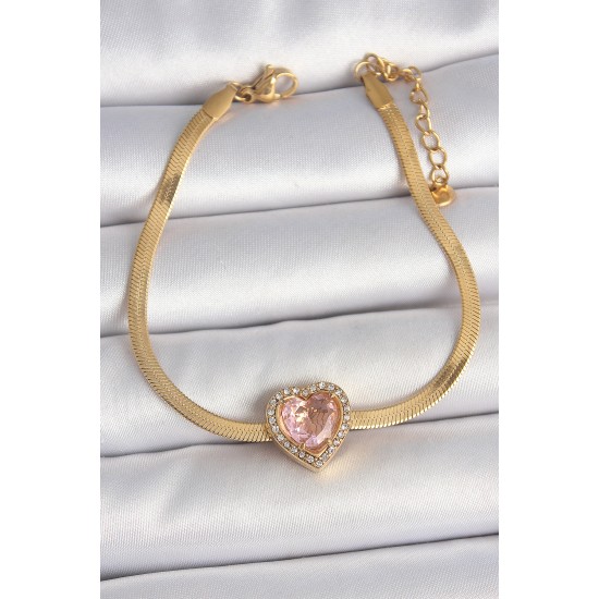 316L Çelik Gold Renk İtalyan Zincir Pembe Zirkon Taşlı Kalp Model Kadın Bileklik 316L Çelik Gold Renk İtalyan Zincir Pembe Zirkon Taşlı Kalp Model Kadın Bileklik