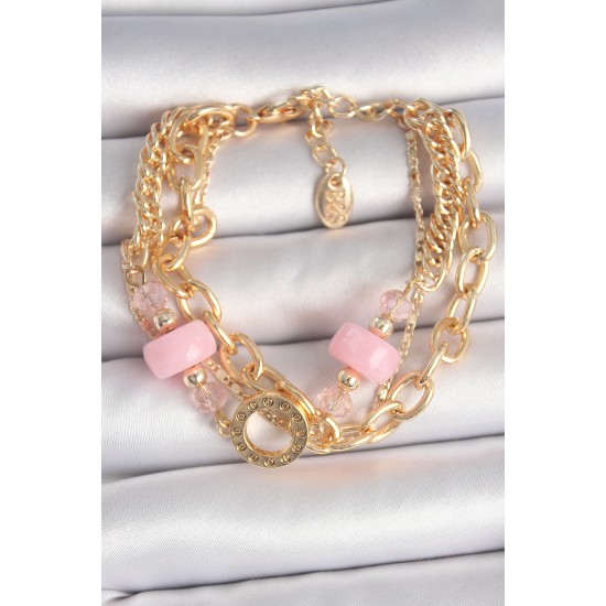 Pirinç Gold Renk Çoklu Pembe Taşlı Kadın Bileklik Pirinç Gold Renk Çoklu Pembe Taşlı Kadın Bileklik