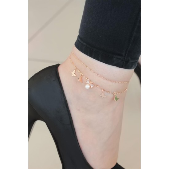 Zirkon Taşlı Rose Renk Çift Zincirli İncili Kelebek Hal Hal Zirkon Taşlı Rose Renk Çift Zincirli İncili Kelebek Hal Hal