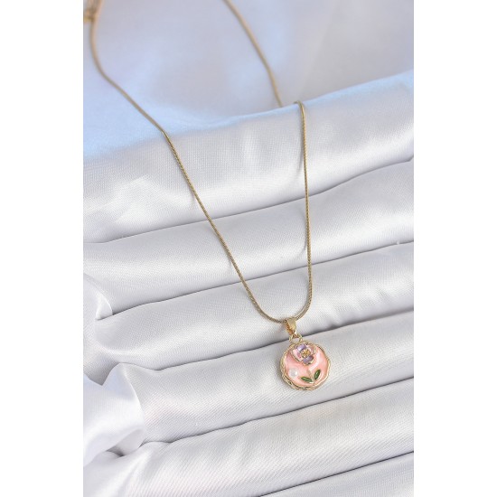 316L Çelik Gold Renk Zincir Pembe Minimal Çiçek İşlemeli İnci Detay Portre Model Kadın Kolye 316L Çelik Gold Renk Zincir Pembe Minimal Çiçek İşlemeli İnci Detay Portre Model Kadın Kolye