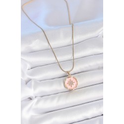 316L Çelik Gold Renk Zincir Pembe Mineli Zirkon Taşlı Kuzey Yıldız İşlemeli Madalyon Model Kadın Kolye
