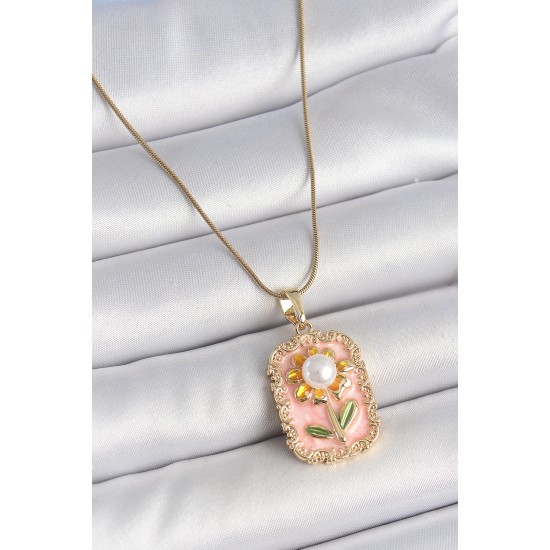 316L Çelik Gold Renk Zincir Pembe Mineli İncli Papatya Model Portre Model Kadın Kolye 316L Çelik Gold Renk Zincir Pembe Mineli İncli Papatya Model Portre Model Kadın Kolye