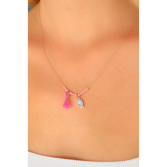 Nazar Boncuklu Pembe Renk Taşlı Rose Bayan Kolye Nazar Boncuklu Pembe Renk Taşlı Rose Bayan Kolye