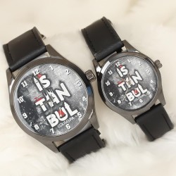 Siyah Renk Deri Kordonlu İstanbul Tasarımlı Sevgili Saatleri