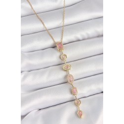 316L Çelik Gold Renk Zincir Pembe Zirkon Taşlı Y Model Dekolte Kadın Kolye
