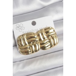 316 Çelik Gold Renk İşlemeli Kare Plaka Model Kadın Küpe