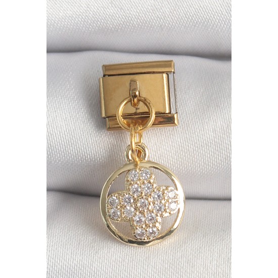 316L Çelik Gold Renk Sallantı Zirkon Taşlı Yonca Model Nomination Charm 316L Çelik Gold Renk Sallantı Zirkon Taşlı Yonca Model Nomination Charm